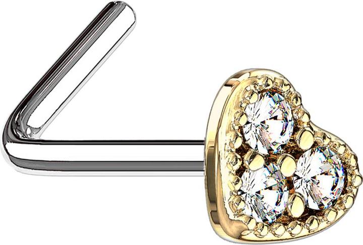 Star Piercing Nasenstecker gewinkelt 14k vergoldet Herz Kristall silber (Messing, Chirurgenstahl 316L)