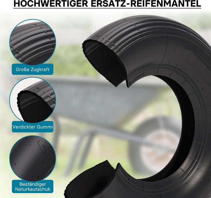 Produktbild Wiltec Reifenmantel 4.00-8 400x100mm 160kg Schubkarre Reifen Rad Mantel Luftrad