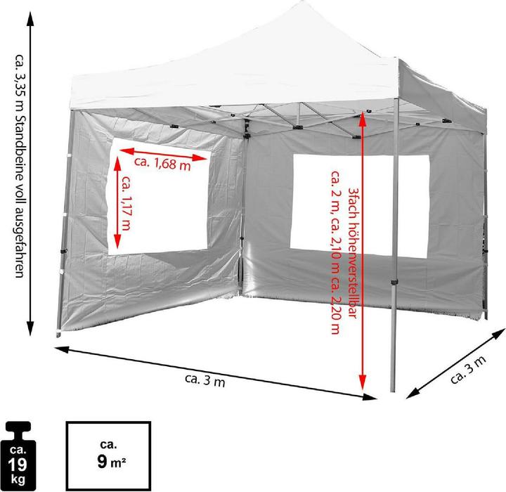 Actual product image VCM PROFI Falt Pavillon Partyzelt mit 4 Seitenteilen 3x3m weiss wasserdichtes Dach (300 cm, 300 cm)