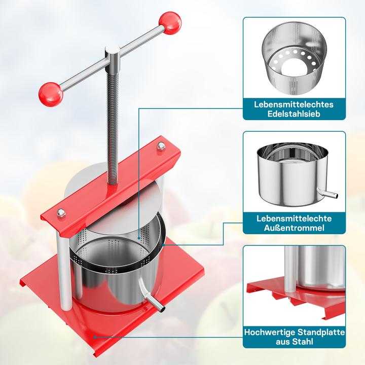 Produktbild Wiltec Obstpresse Weinpresse Stahl 6L Edelstahlkorb Fruchtpresse Beerenpresse (EU-Stecker)