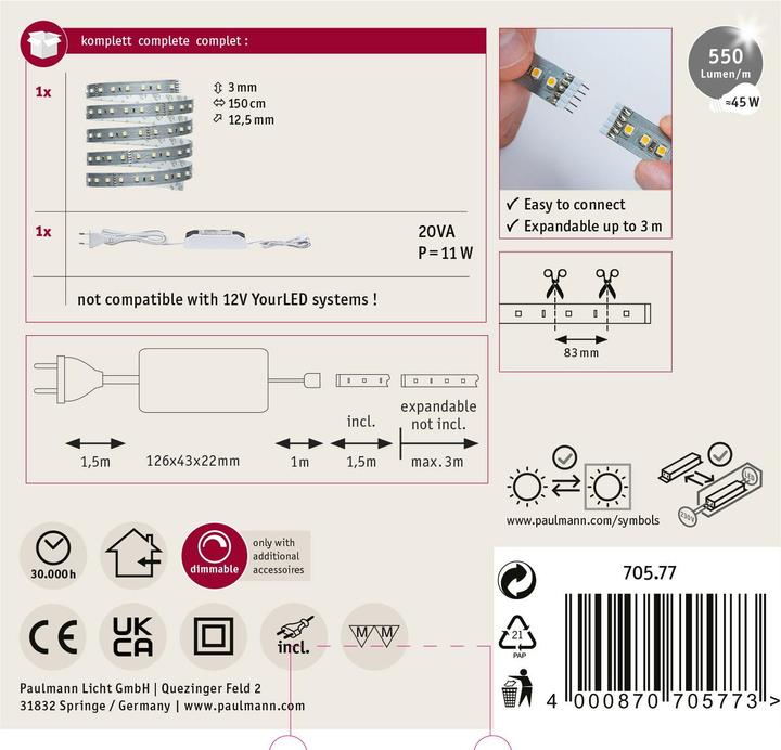 Produktbild Paulmann MaxLED 500 Stripe Set (Warmweiss, 150 cm, Indoor)