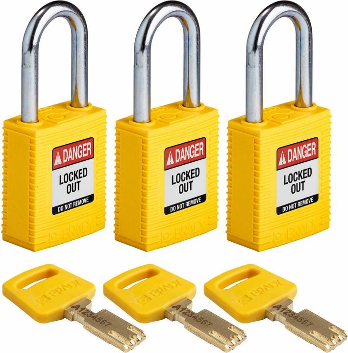 Produktbild Brady Safekey Nylon-Sicherheitsschloss mit Stahlbügel, Gelb, 38 mm Bügelhöhe, 6.4 mm Bügeldurchmes