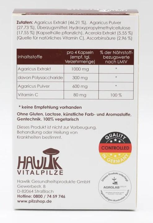 Nutritional values and ingredients Hawlik Agaricus Extrakt+ (120 Piece, Capsules, 110 g)