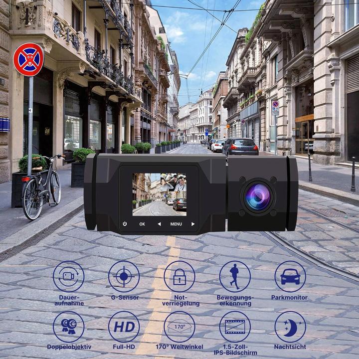 Actual product image Hermex Dual-Dashcam Full-HD Autofront-Kamera Onboard-Kamera Innenraum Auto (Built-in microphone, Night vision, Accelerometer, Full HD)