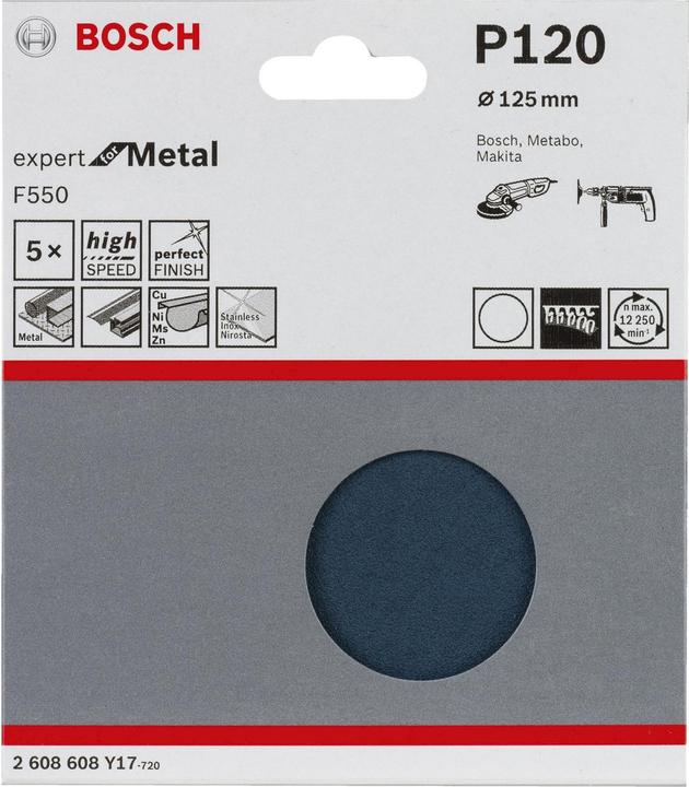 Produktbild Bosch Professional Zubehör Schleifblatt F550, Expert for Metal, 125 mm, 120, ungelocht, Klett, 5er-Pack (120)