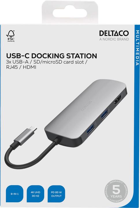 Actual product image Deltaco USB-C jungčių stotelė, 1x HDMI/RJ45/SD/mSD, 3x USB-A / USBC-HDMI26 / 1902421 (USB-C, 8 Ports)