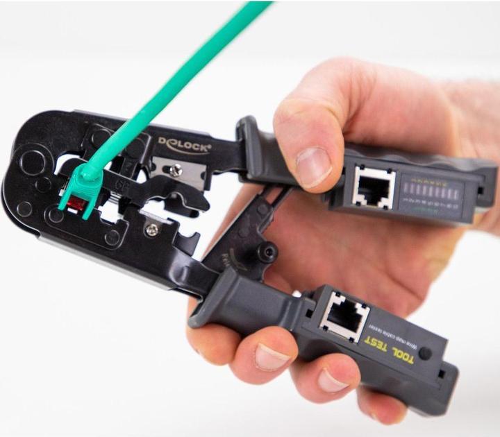 Productafbeelding Delock Krimptang met stripper en netwerktester voor 8P (RJ45), 6P (RJ12/11) of 4P (RJ10) stekkers (190 mm)