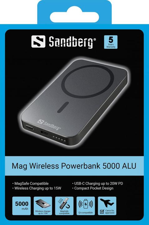 Produktbild Sandberg Mag Wireless Powerbank 5000ALU (5000 mAh, 20 W, 19.25 Wh)