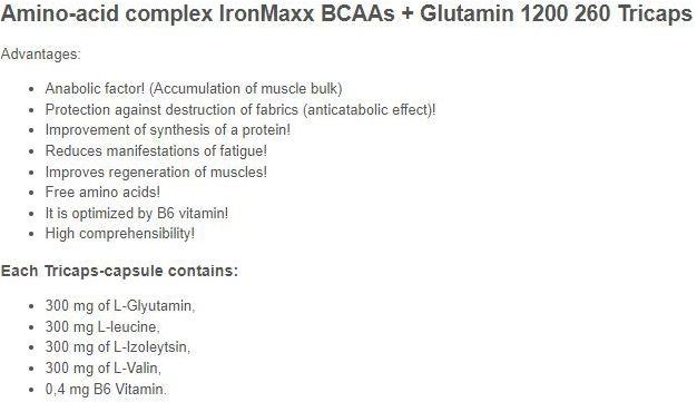 Nutritional values and ingredients IronMaxx BCAAs and glutamine 1200 (260 Piece, Capsules, 357 g)