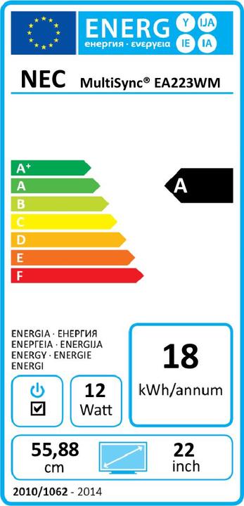 Energy Label NEC MultiSync EA223WM (1680 x 1050 pixels, 22")