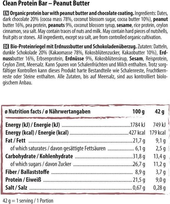 Nährwerte und Zutaten Naturally Pam Clean Protein Bar (Peanut Butter, 12 Stk., 600 g)