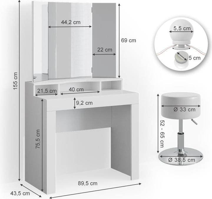 Produktbild Vicco Nora mit Hocker und Beleuchtung (43.5 x 43.5 x 155 cm)