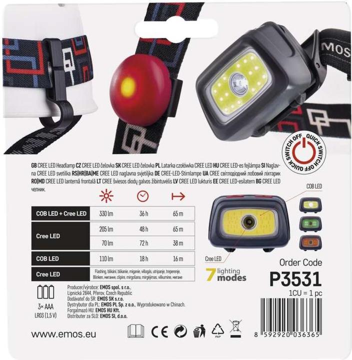 Produktbild Emos CREE LED + COB LED Stirnlampe P3531, 330 lm, 65 m, für 3x AAA (330 lm)