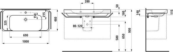Actual product image Laufen Meda washbasin, undermountable, 1000x460mm, shelf on both sides, 3 tap holes, with overflow (1070 mm, 205 mm)