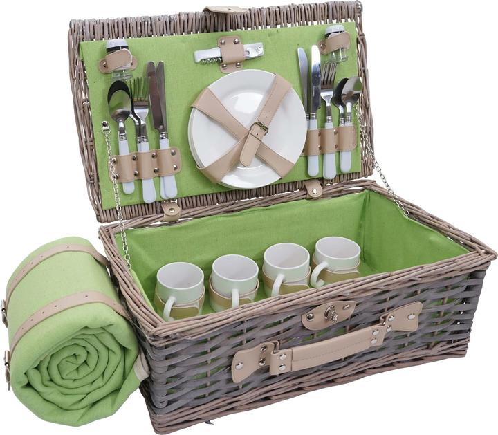 Swisshandel24 Picknickkorb-Set für 4 Personen, Weiden-Korb, Porzellan Edelstahl - grau-grün