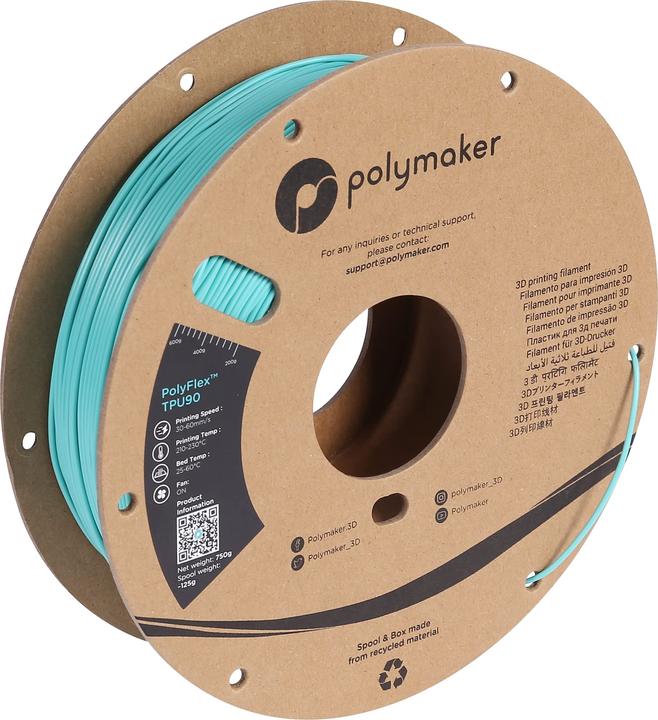 Actual product image Polymaker PolyFlex TPU-90A Teal 1.75mm 750g (TPU, 1.75 mm, 750 g, Turquoise)