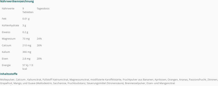 Valeurs nutritives et ingrédients Nimbasit Sel minéral en comprimé (90 pièce(s), Cachets, 95 g)