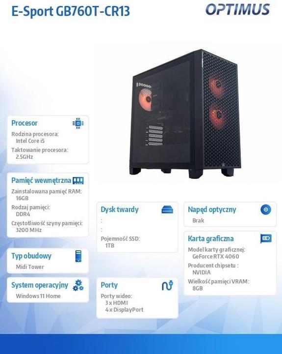 Produktbild Optimus Komputer E-Sport GB760T-CR13 i5-14400F/16GB/1TB/RTX 4060 OC 8GB/W11 (Intel Core i5-14400F, 16 GB, 1000 GB, GeForce RTX 4060)