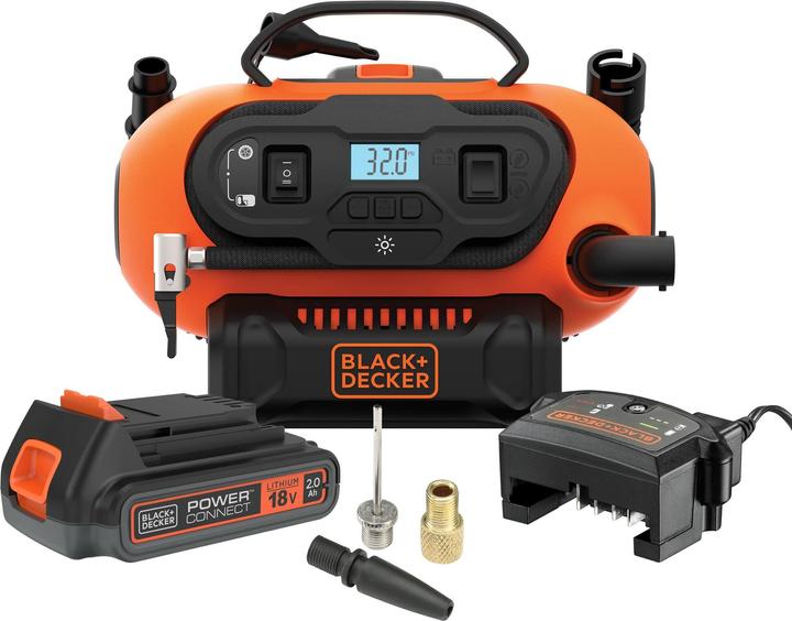 Produktbild Black & Decker 11 bar Kompressor 18V / 230V / 12V, 1x Akku, Schnelladegerät, diverses Zubehör (11 Bar, 0 l)