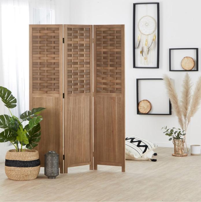 Actual product image Homestyle4u Paravent Room Divider 3 Parts Wood Partition Wall Rattan Optics Privacy Screen Brown