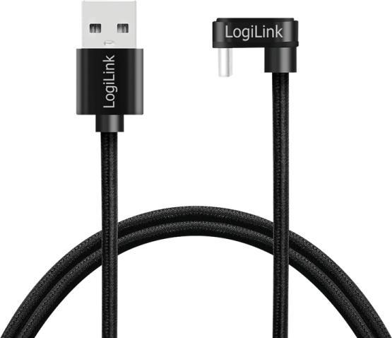 Produktbild LogiLink USB 2.0 Type-C-Kabel, C/M 180° zu USB-A/M, Alu, schwarz, 2 m (2 m, USB 2.0, 20 W)