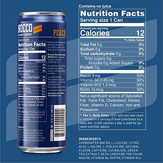 Nutritional values and ingredients Nocco BCAA Peach (330ml) (Peach, 1 x)