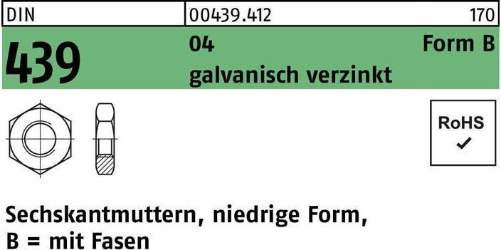 Produktbild Sechskantmutter DIN 439 Form B BM 4 Automatenstahl galvanisch verzinkt (M4)