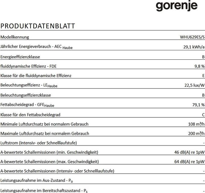 Nutritional values and ingredients Gorenje WHU 629 ES/S (Substructure hood)