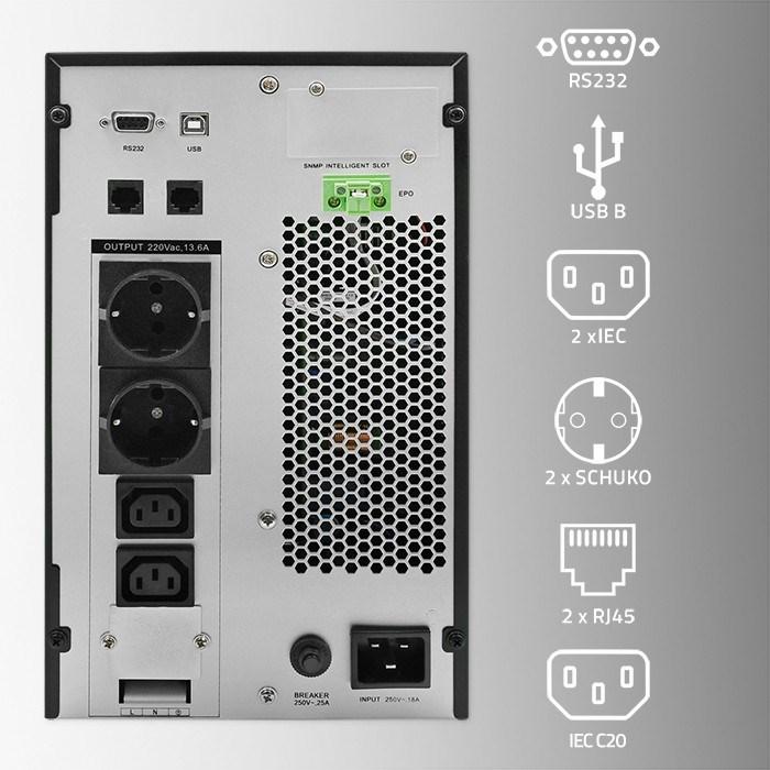 Produktbild Qoltec ZASILACZ AWARYJNY UPS 3KVA | 3000W | POWER FACTOR 1.0 | LCD | EPO | USB | ON-LINE (3 VA, 3000 W, Online-Doppelwandler USV)