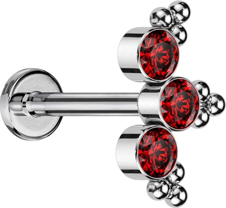 Star Piercing Micro Threadless Labret silber dreiecks Kugeln drei Kristalle rot (ohne Messing, Titan G23)