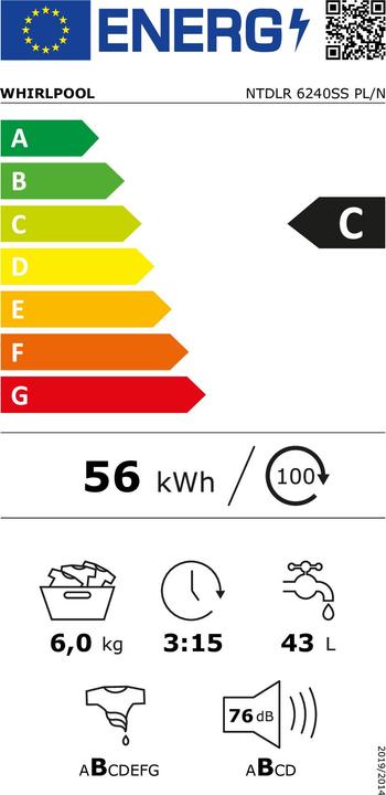 Energie-Label Whirlpool Pralka NTDLR 6240SS PL/N (6 kg, Rechts)