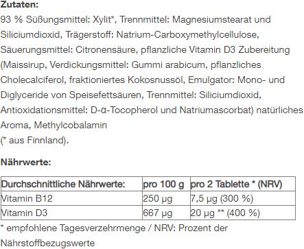 Valeurs nutritives et ingrédients Raab Vitamines B12 & D3 (60 pièce(s), Cachets, 90 g)