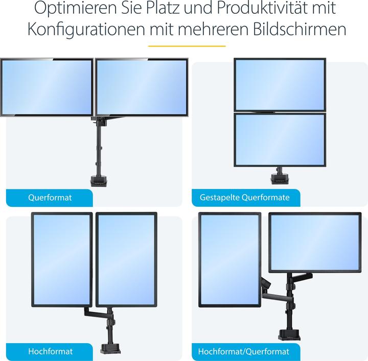 Productafbeelding StarTech com ARMDUALPIVOT, klem, 16 kg, 81,3 cm (32 inch), 100 x 100 mm, hoogteverstelling, Zwart (Tabel, 32")