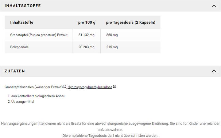 Nährwerte und Zutaten Raab Granatapfel Extrakt mit Polyphenolen Bio (80 Stück, Kapseln)