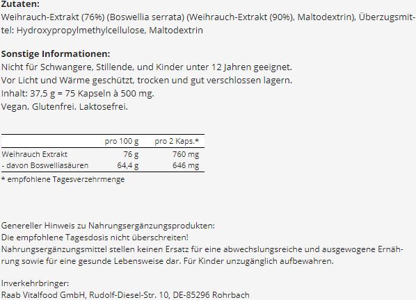 Nährwerte und Zutaten Raab Weihrauch Extrakt (75 Stück, Kapseln, 37.50 g)