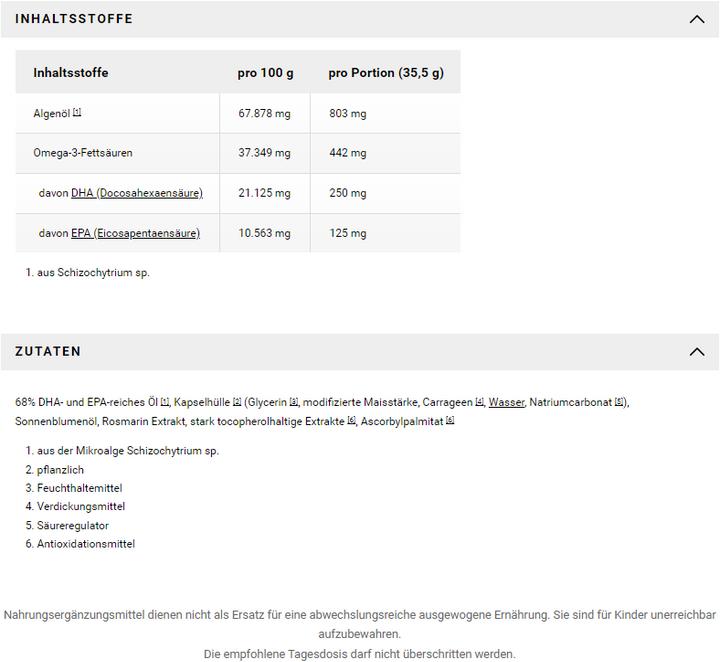 Valori nutrizionali e ingredienti Raab Algenöl Omega-3 mit DHA und EPA (30 Pezzo/i, Pillole, 35.50 g)