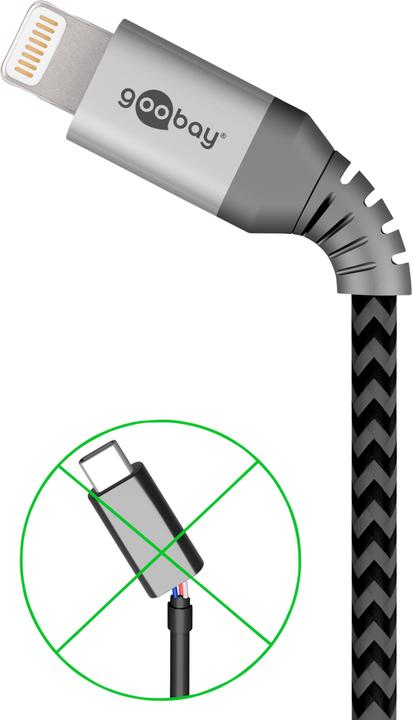 Produktbild Goobay Lightning auf USB-A Textilkabel mit Metallsteckern (space grau/silber) 1 m, 1 m, Schwarz-Grau (1 m, USB 2.0)
