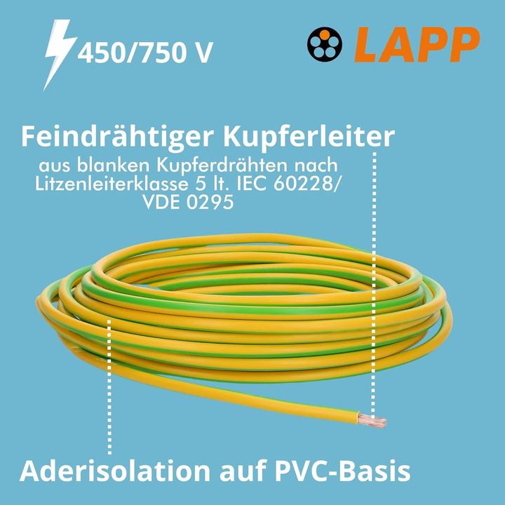 Actual product image Lapp 10 metres 4520006 H07V-K 16.0 mm² green-yellow I Earthing cable I Protective earth conductor 16mm2 (10 m)