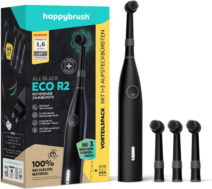 happybrush Happy Brush ECO R2 Allblack + 3 Refills (Oszillierende Zahnbürste)