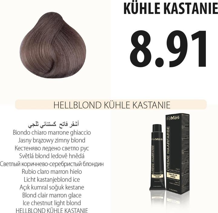 Immagine prodotto FemMas 8,91) Tinta per capelli Biondo chiaro Cool Chestnut 100ml (Biondo chiaro castagna fredda 100ml)