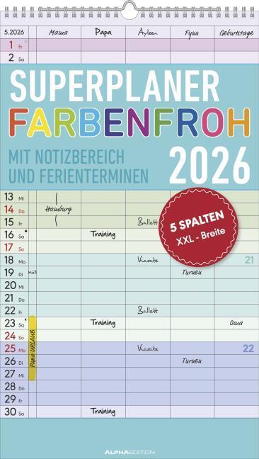 Alpha Edition Familienplaner Farbenfroh 2026 (26 x 45 cm, Harter Einband, Deutsch)