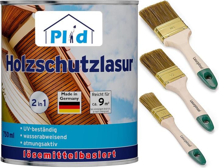 Produktbild Plid Holzlasur 0,75l für ca. 9m² + Lasurpinselset 3 tlg. /Holzschutzlasur (Palisander, 0.75 l)