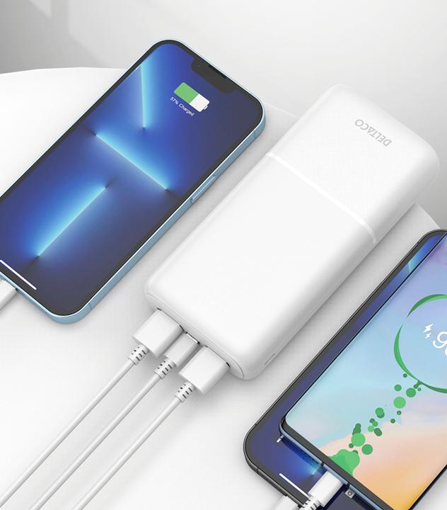 Actual product image Deltaco Powerbank with fast charging, 3 ports, 2x USB-A 18W, 1x USB-C PD 20W, 20,000 mAh black (20000 mAh, 20 W)