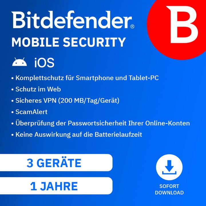 Immagine prodotto Bitdefender Codice per il download di Mobile Security (1 Utente, 3 Dispositivi/Utenti, 12 mesi)
