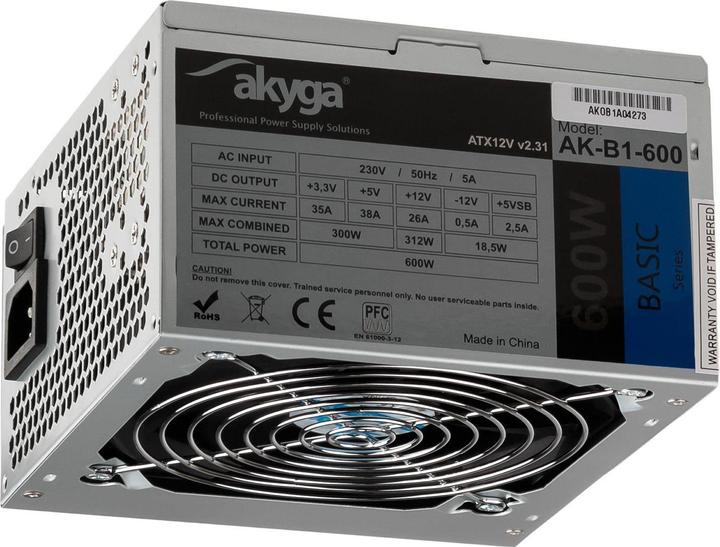 Produktbild Akyga Basic ATX Power Supply 600W AK-B1-600 Fan12cm P4 3xSATA PCI-E (600 W)