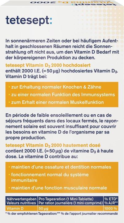 Nährwerte und Zutaten Tetesept Vitamin D3 2000 (60 Stück, Tabletten, 37 g)