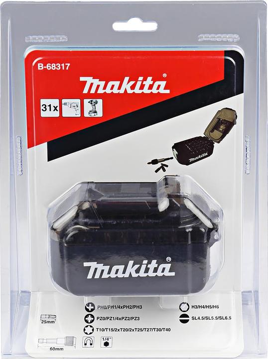 Productafbeelding Makita Bit gezet (T10, T15, T40, H3, H4, PH0, PH, PH1, PH2, PH3, PZ0, PZ1, PZ2, PZ3, T20, T25, T27, T30, H5, H6, SL 0,6 x 4,5, SL 0,8 x 5,5, SL 1,2 x 6,5)
