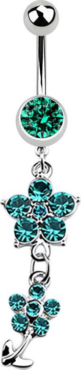 Star Piercing Banane silber mit Anhänger zwei Kristallblumen türkis (ohne Messing, Chirurgenstahl 316L)