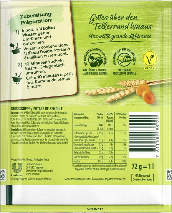 Nährwerte und Zutaten Knorr Graziella Suppe Beutel, Hartweizengriess mit Zwiebeln, Rüebli & Lauch, in 10 Minuten zubereitet