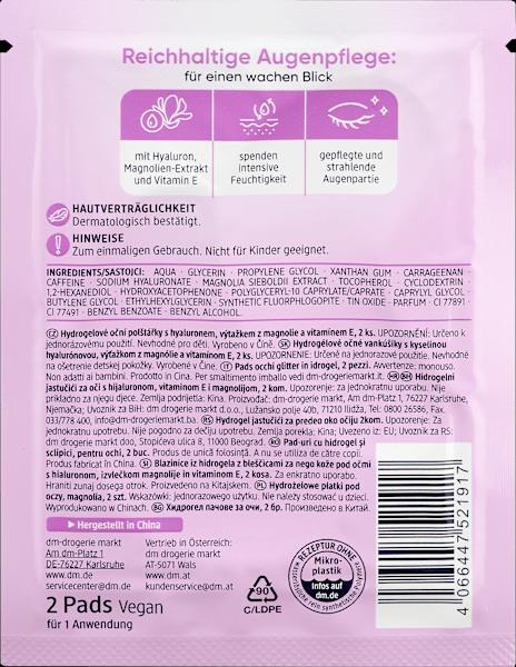 Valeurs nutritives et ingrédients dm Balea Hydrogel pour les yeux